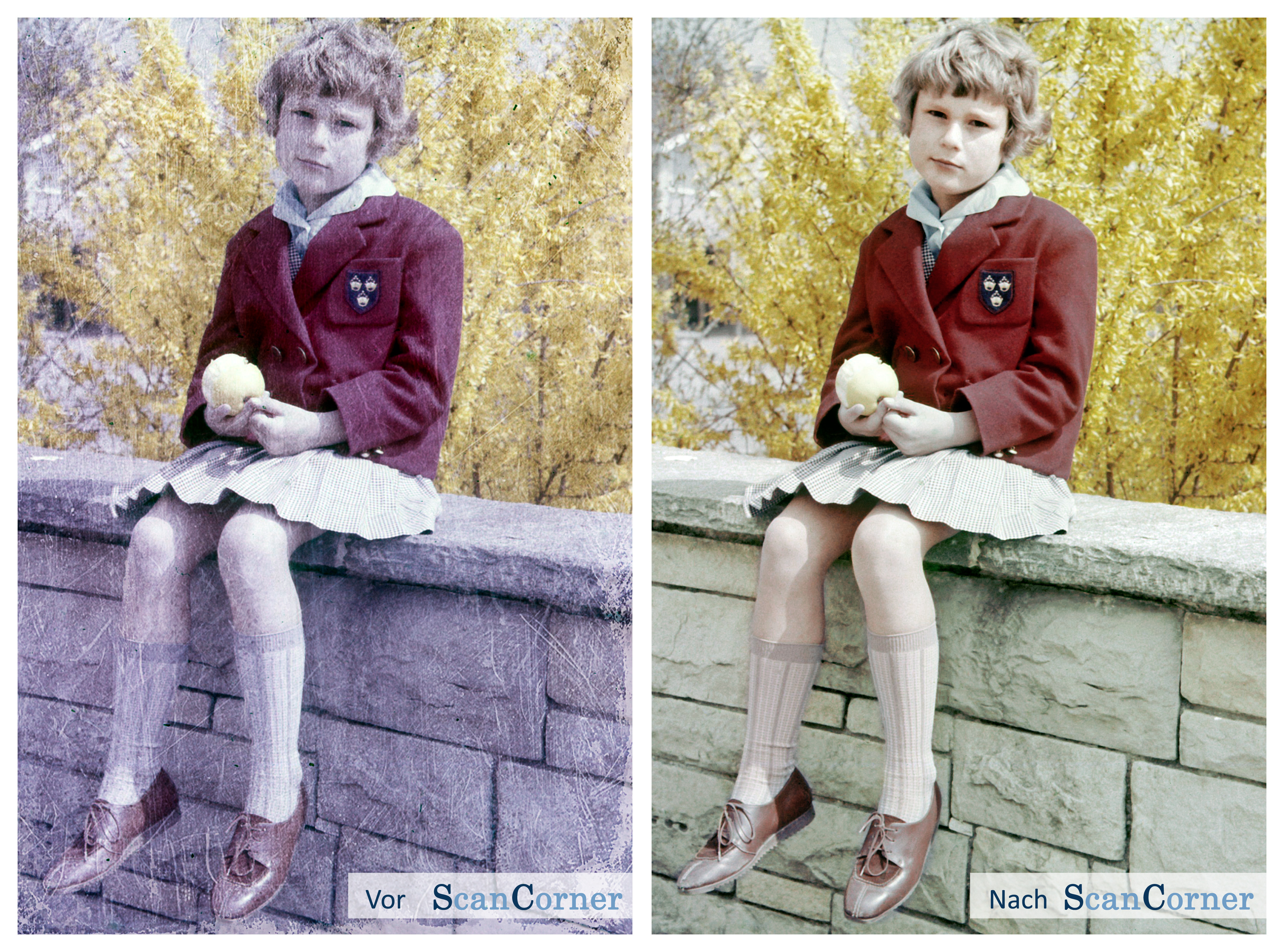 Digitalisiertes Bild aus den 60er Jahren, Mädchen mit Apfel